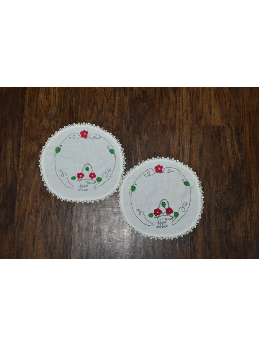 Vintage Stitched Dollies Pair Red Floral Cottage Retro Farmhouse Americana READ